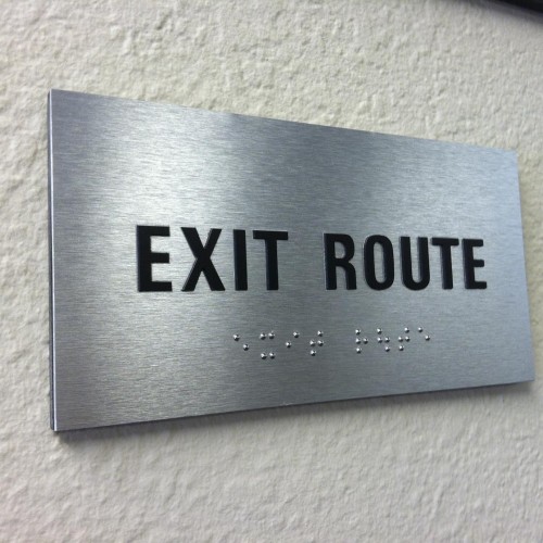 Exit Route ADA Sign with Tactile Letters on Brushed Aluminum Made in Pleasanton CA by T Bennett Services