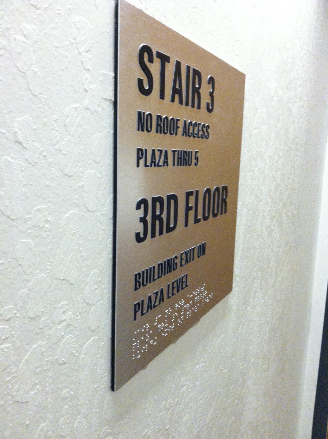 Tactile Stairwell ADA sign for Mt Diablo Plaza made by T Bennett Services, LLC in Pleasanton